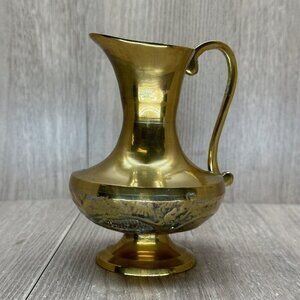 Vintage Solid Gold Brass Etched Pitcher With Curved Handle 5" Tall